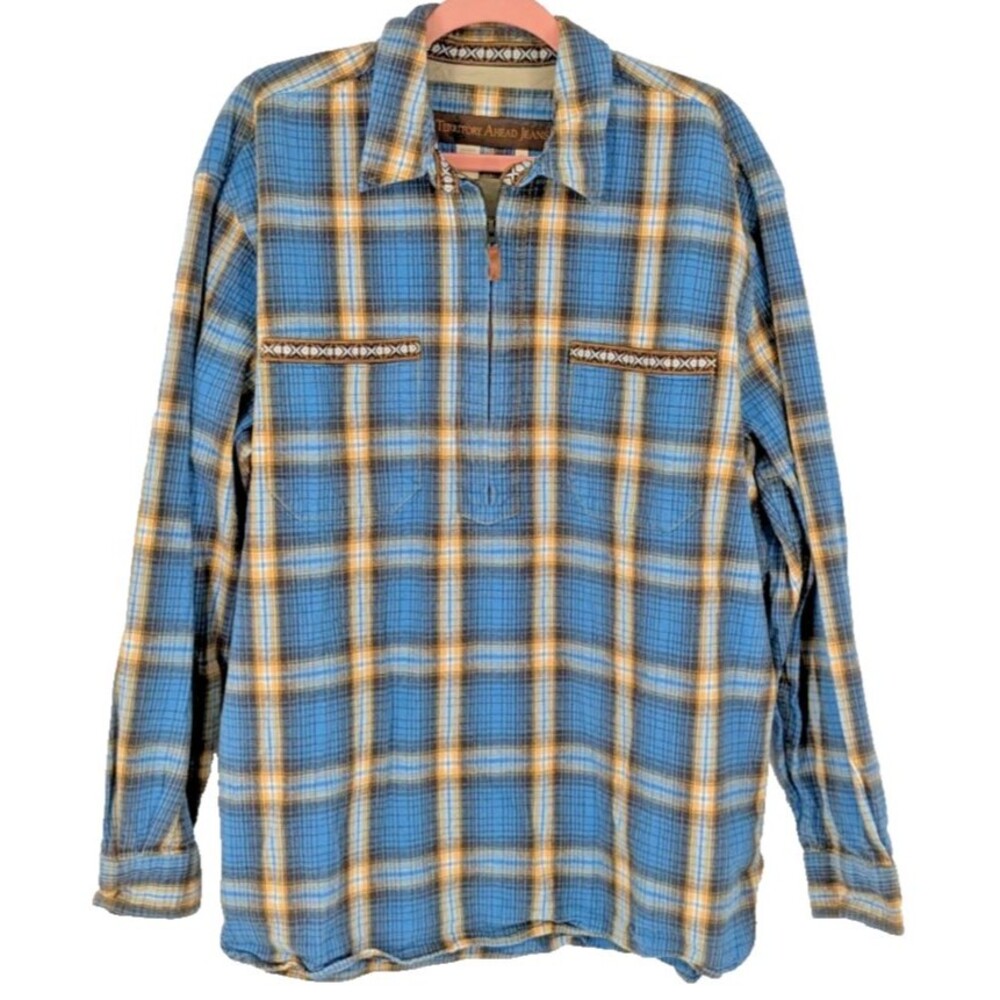 TERRITORY AHEAD Top Shirt SIZE XL Cotton 1/4 Zip Blue Plaid Aztec Trim Nice